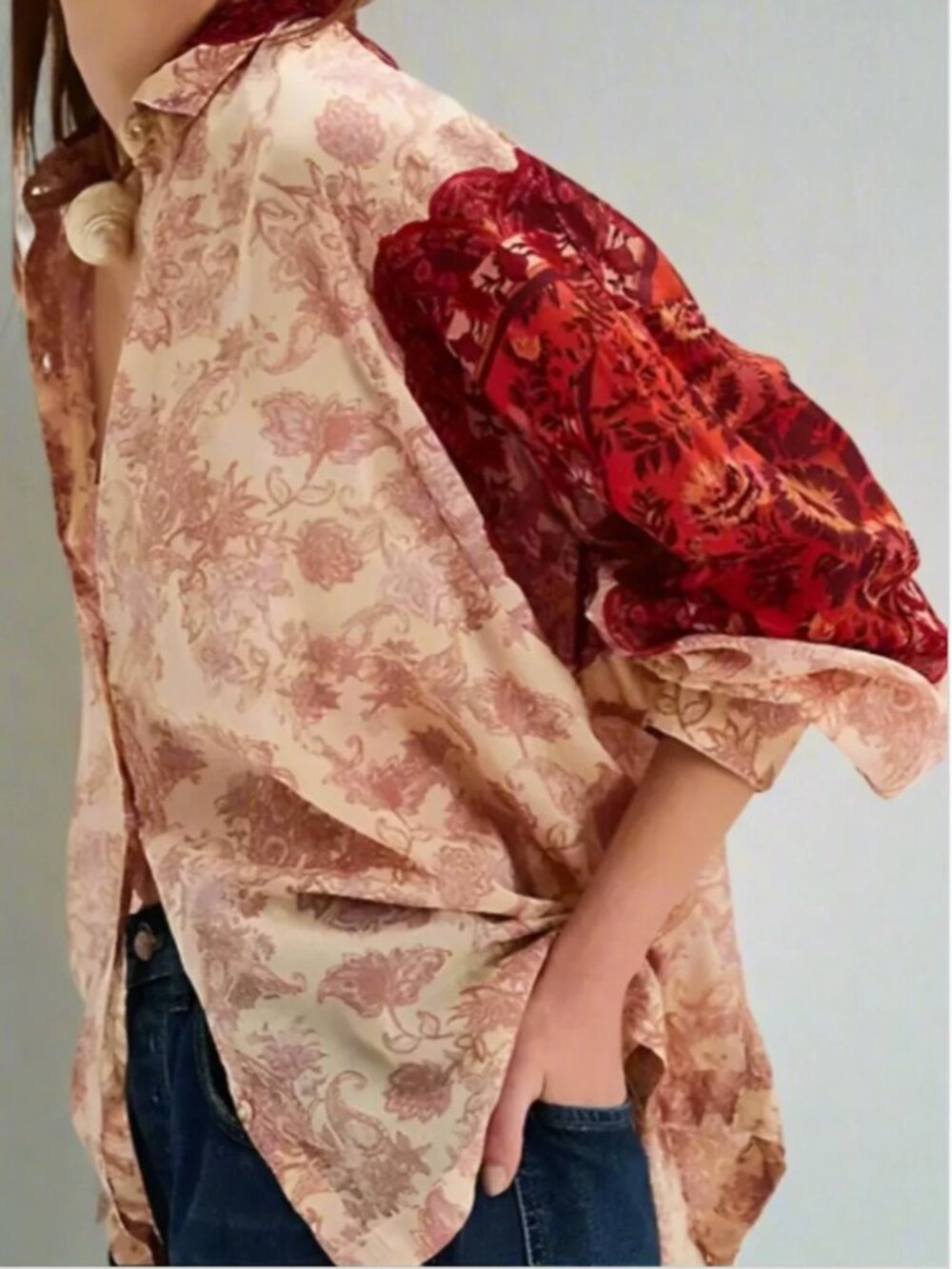 Free People Rosebud Buttondown Blouse Tea Combo Small EUC Boho Floral